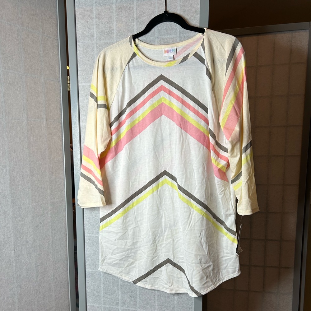 LuLaRoe Women's Top with Pink, Yellow, and Gray Stripes